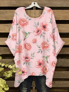 Garden-Inspired Hummingbird Floral Women's Loose Printed T-Shirt