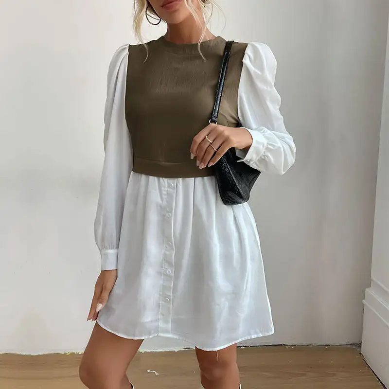 Women's Shirt Puff-Sleeve Button-Detail Dress
