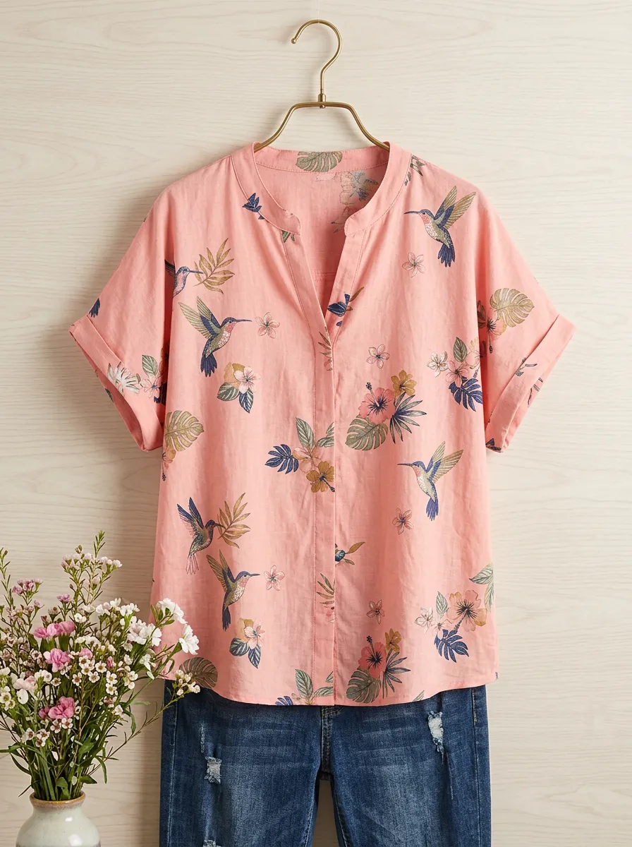 Hummingbird Hibiscus Nature Women's Loose Printed Blouse