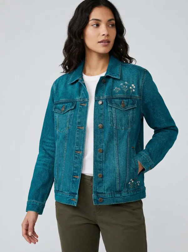 Women's Floral Blue Denim Embroidered Jacket