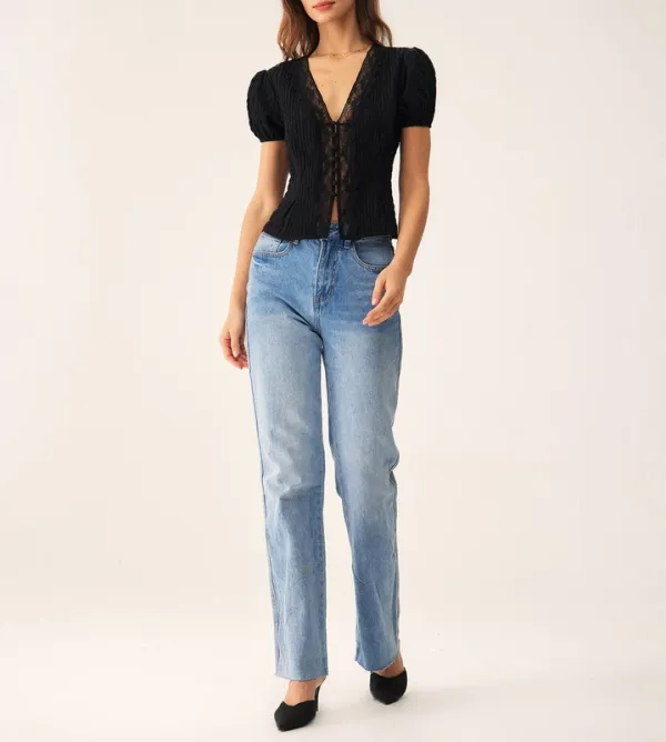 Black Jacquard Lace Button Blouse