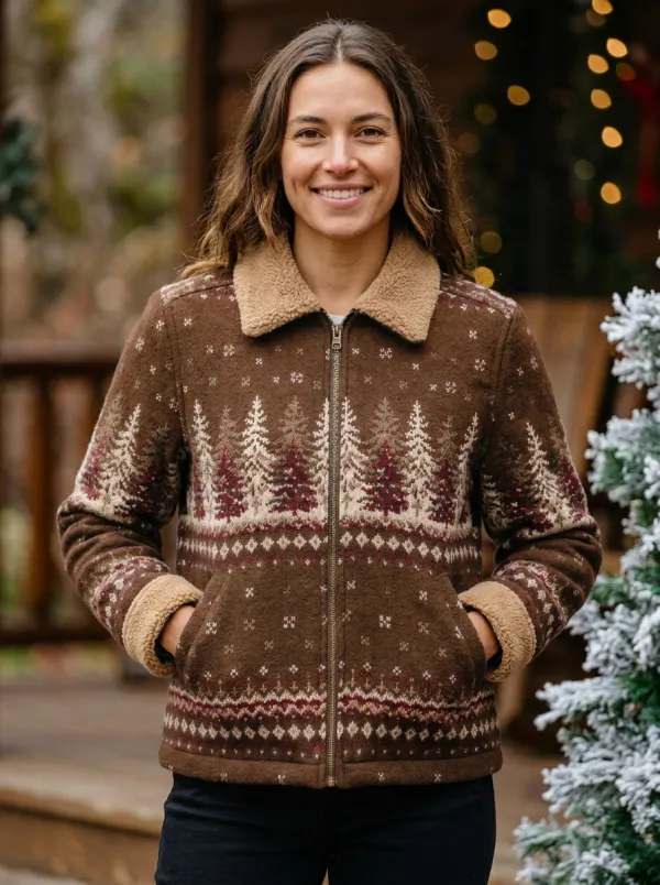 Christmas Pine Tree Fair Isle Print Fleece Jacket