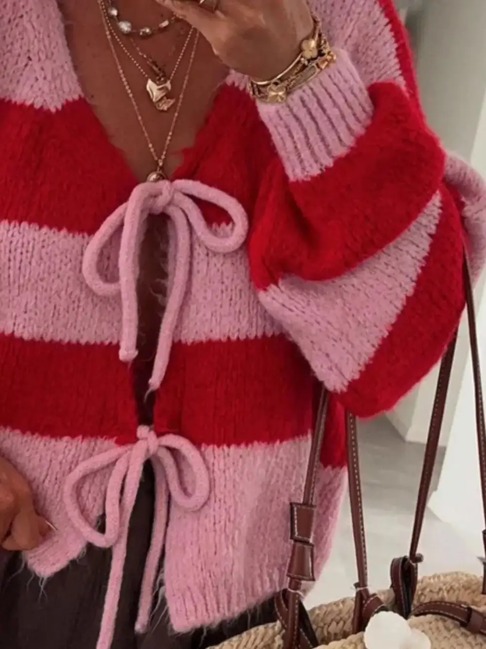 Tie-Front Knit Striped Cardigan