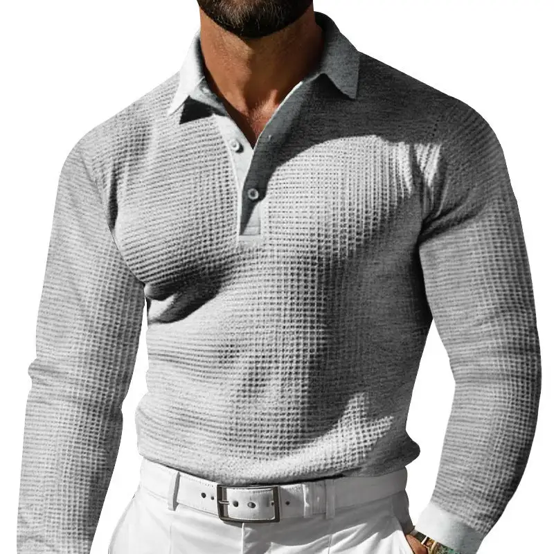 Waffle Texture Button Placket Long Sleeve Slim Fit Polo Shirt