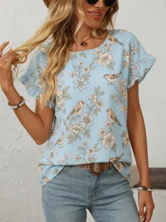 Bird Nature Ruffle-Sleeve Women's Loose Printed Blouse