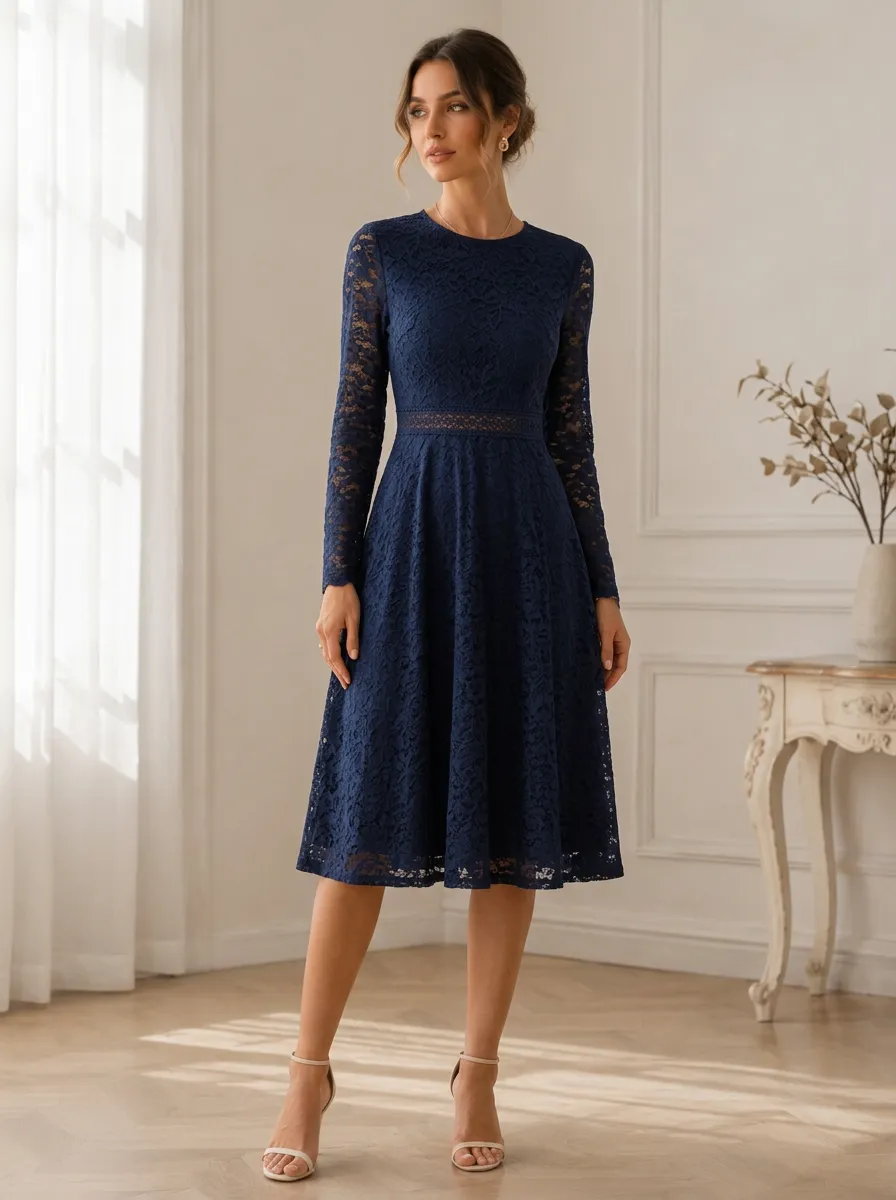 Women's Elegant Navy Blue Floral Lace Long Sleeve Midi Dress