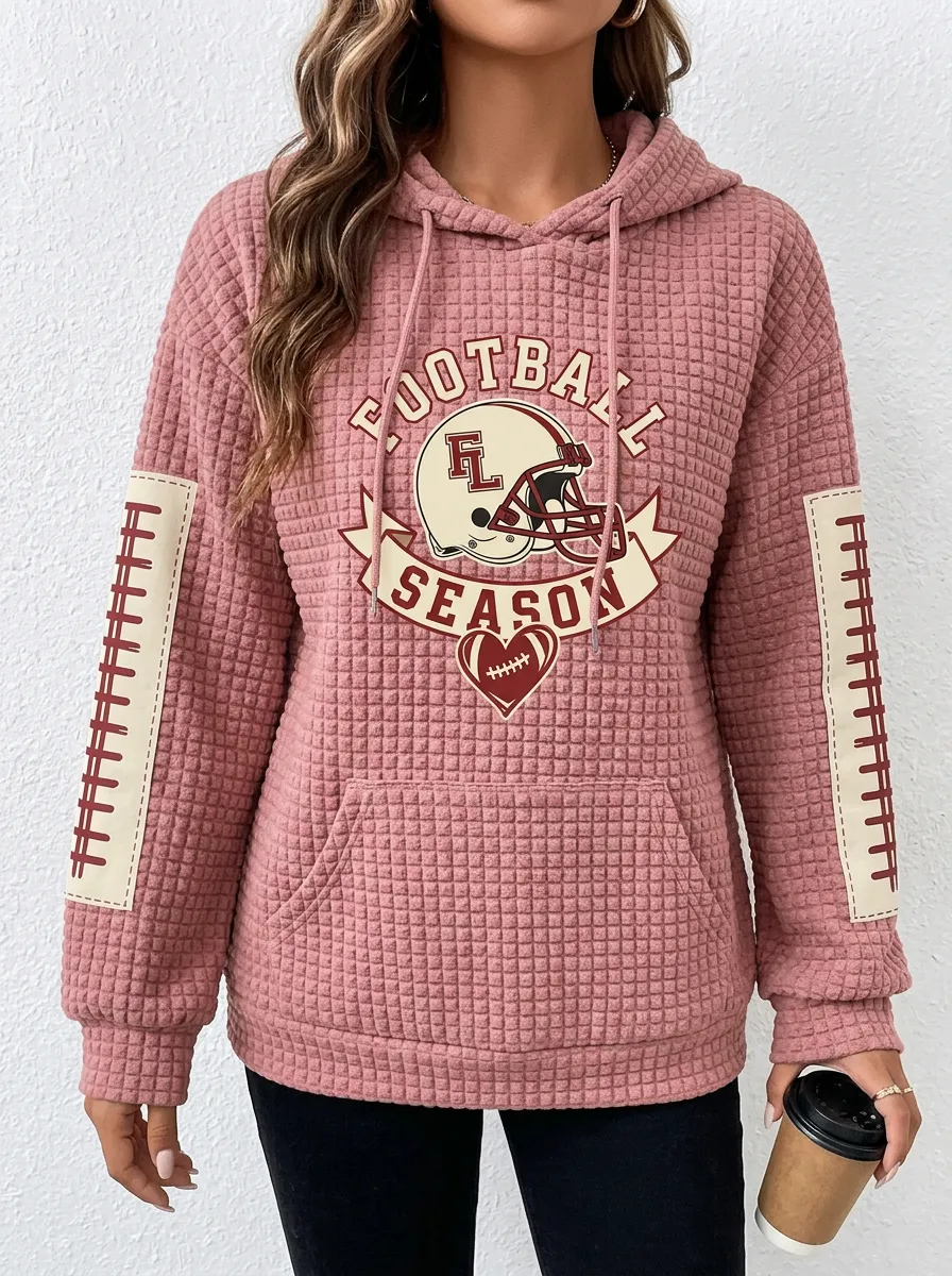 Women's Football Season Helmet Heart Printed Waffle Hoodie