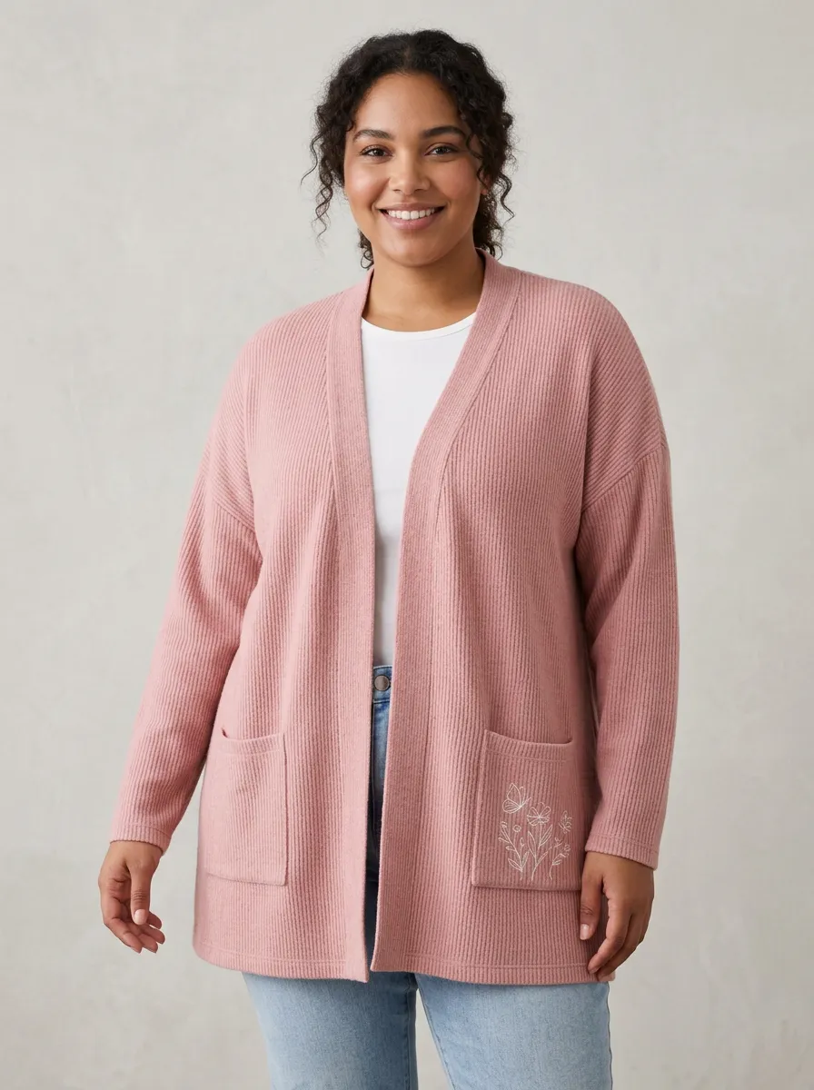 Women's Floral Butterfly Pink Ribbed Printed Casual Cardigan