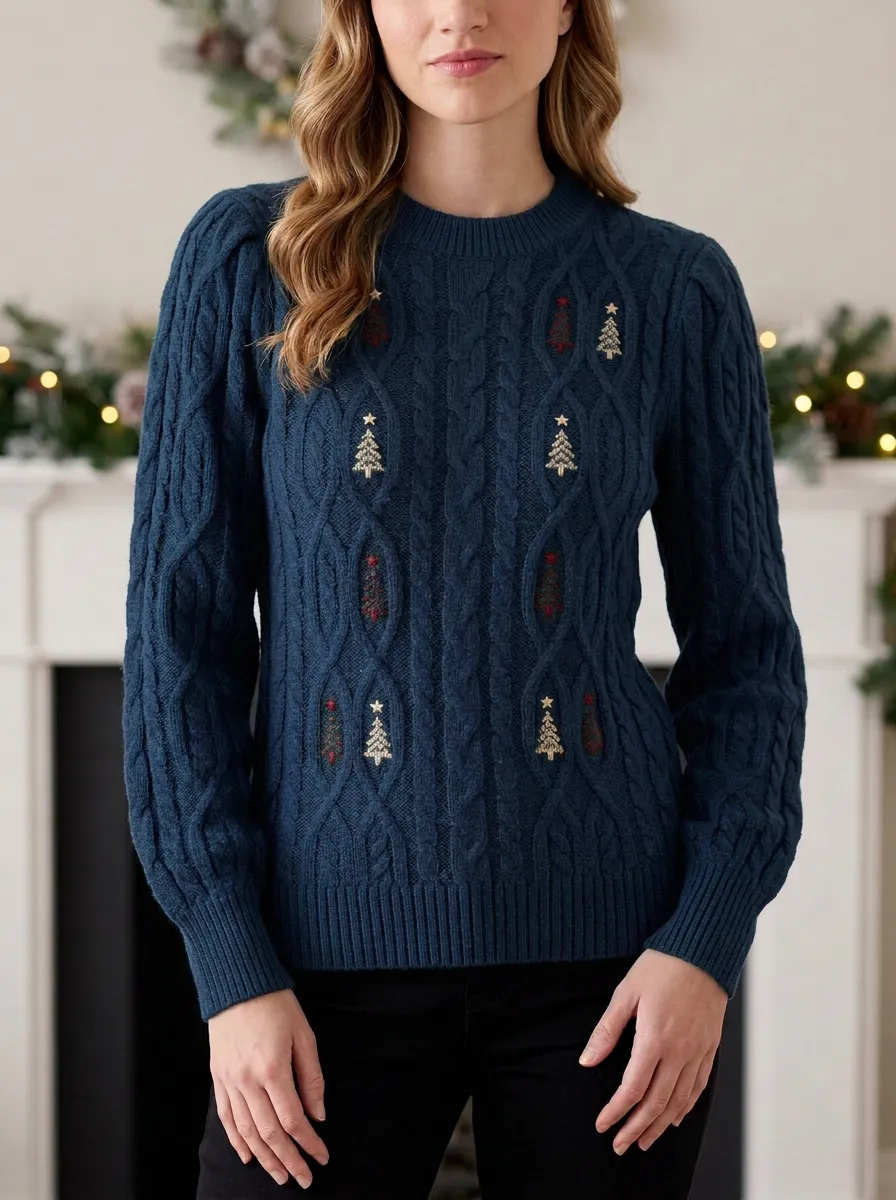 Christmas Holiday Tree Embroidered Cable Knit Sweater