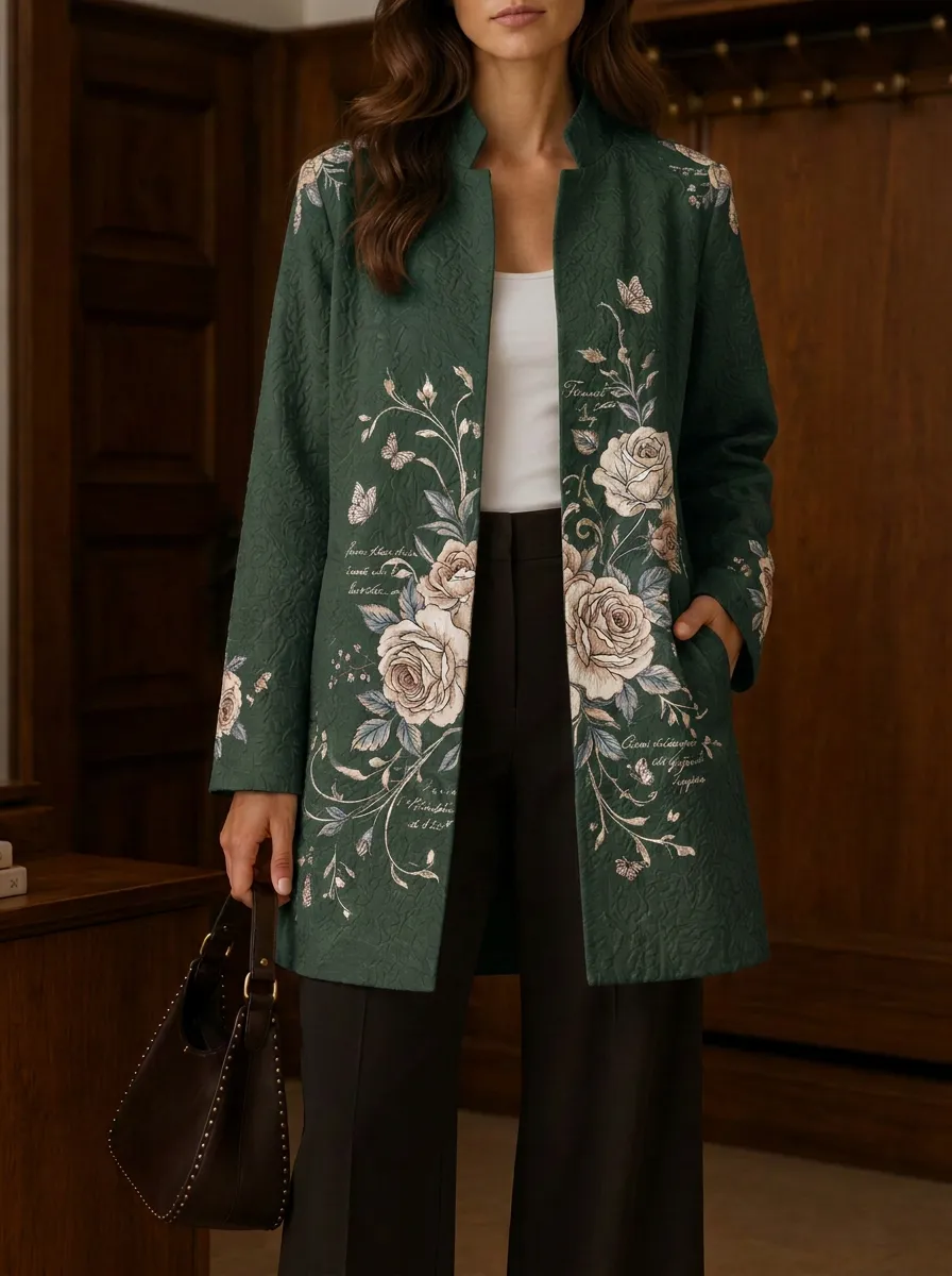 Women's Vintage Floral Butterfly Rose Printed Long Jacket