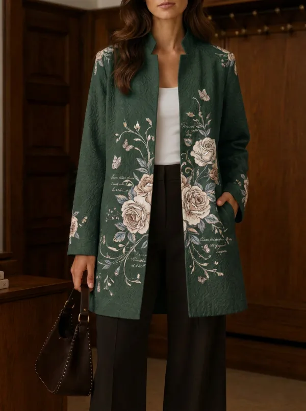 Women's Vintage Floral Butterfly Rose Printed Long Jacket