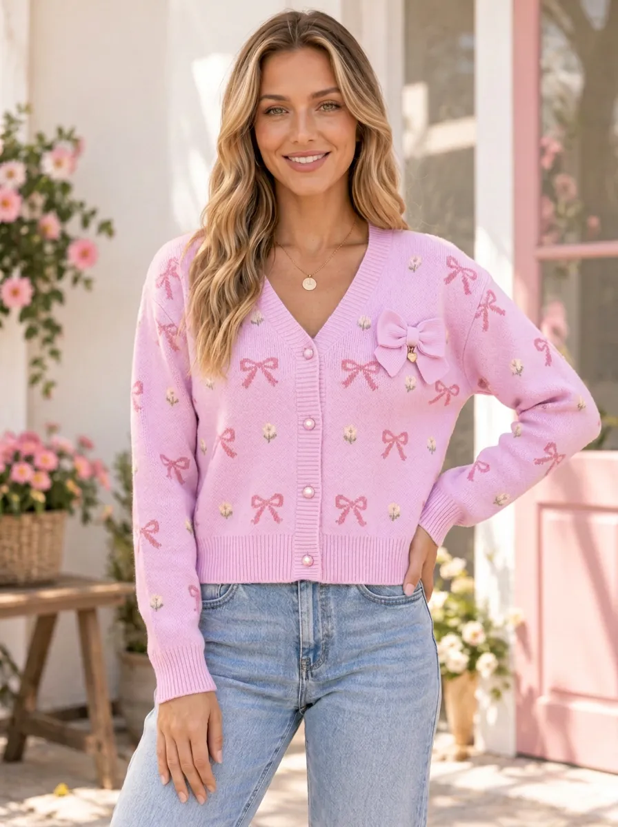 Women's Soft Floral Coquette Ribbon Bow Printed Cardigan