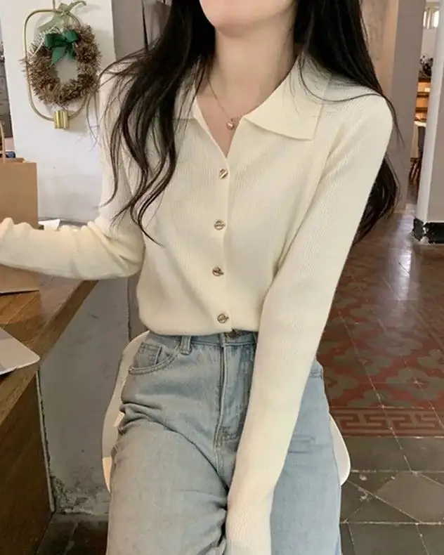 Polyester-Blend Button-Front Polo-Collar Relaxed-Fit Cardigan