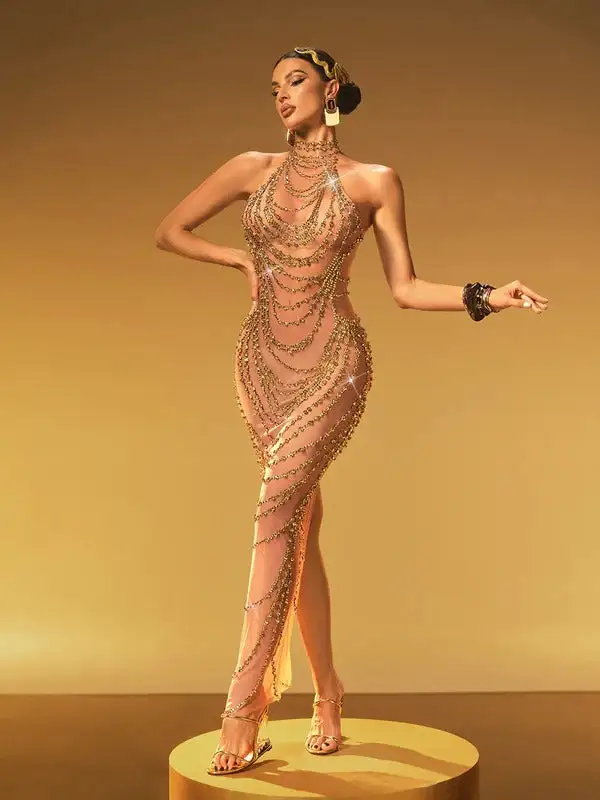 Olisa Halterneck Rhinestone Maxi Dress In Gold