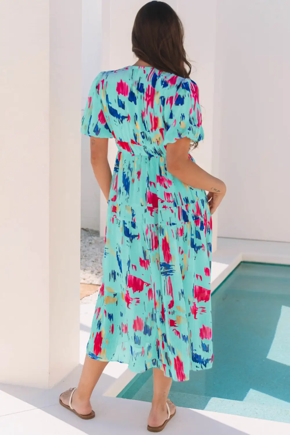 Sky Abstract Print Short Puff Sleeve Tiered Maxi Dress
