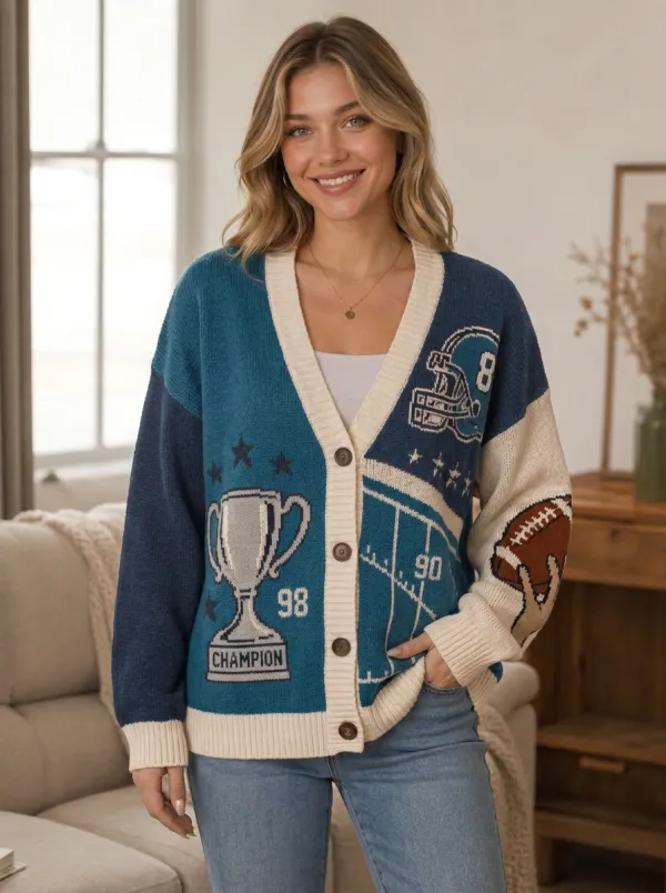 Women's American Football Fan Champion Trophy Helmet Printed Cardigan