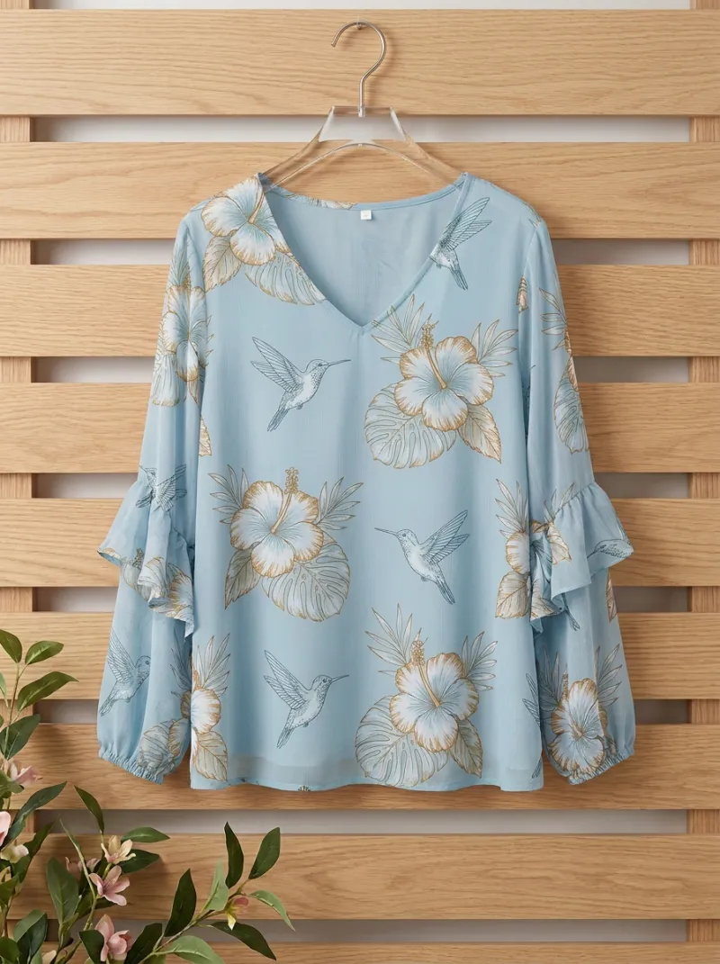 Hummingbird Hibiscus V-Neck Women's Loose Printed Blouse