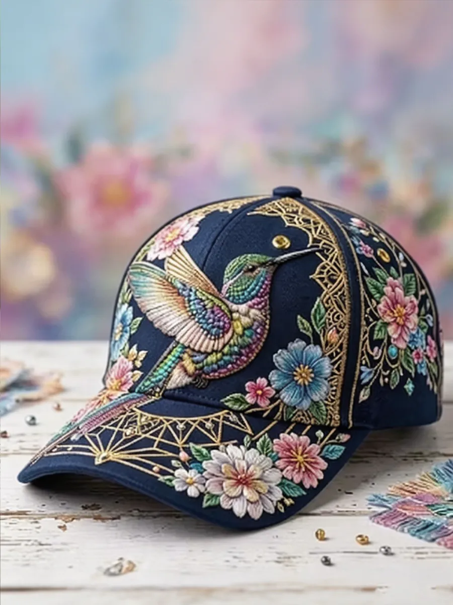 Hummingbird & Floral Art Print Casual Baseball Cap