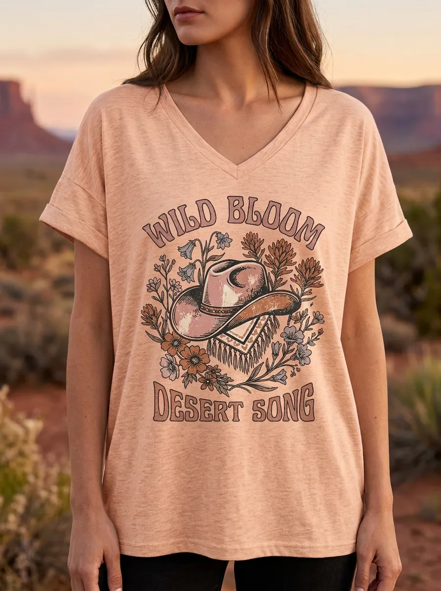 Women's Western Cowboy Hat Floral Desert Song Printed V-Neck T-Shirt