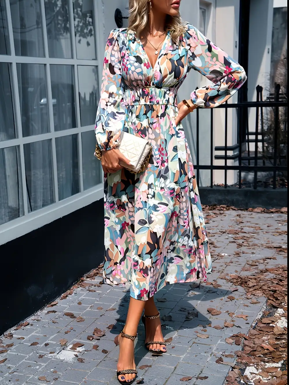 Long-Sleeve Floral Midi Dress