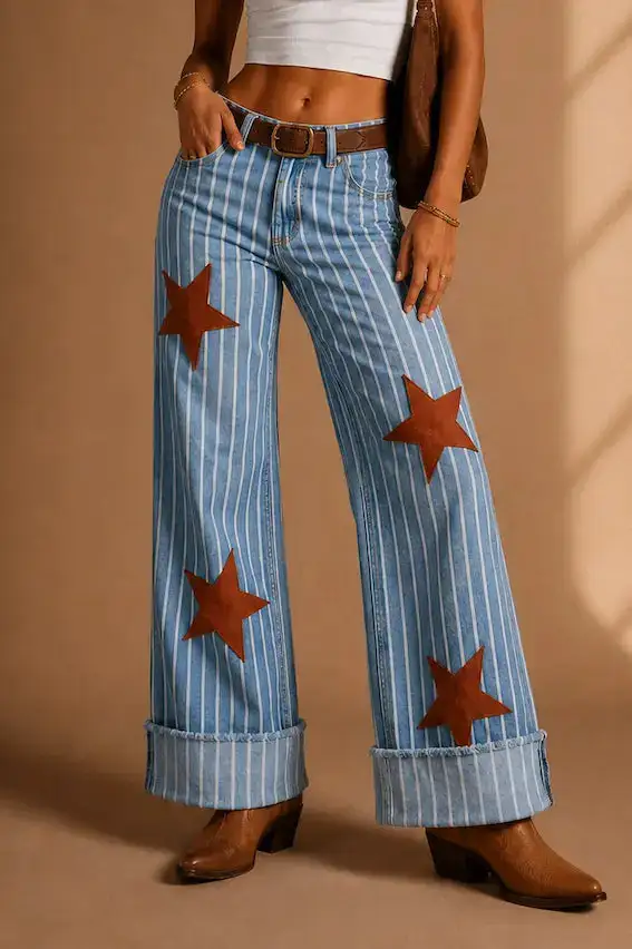 Western Style Wide Leg Cuffed Low Rise Denim Jeans
