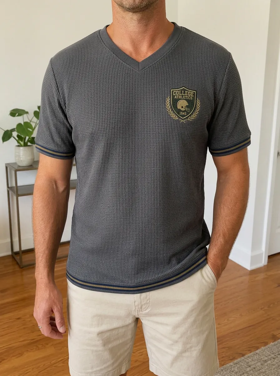 Men's Football College Athletics Shield Printed Waffle Knit V-Neck Shirt