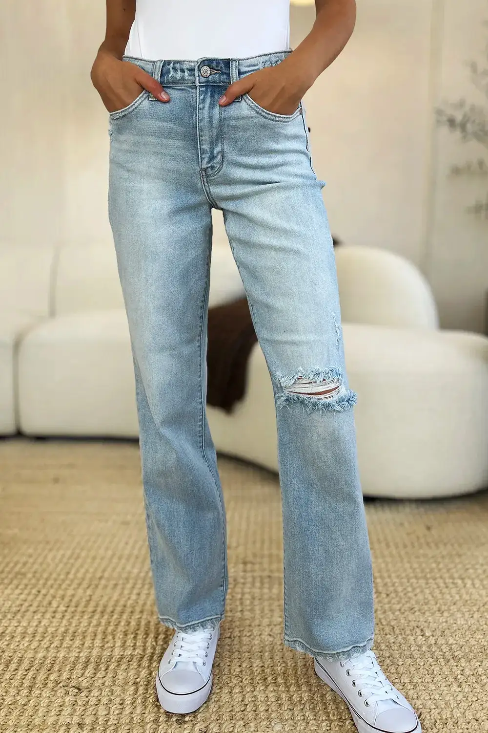 Full Size High Waist Distressed Straight Jeans