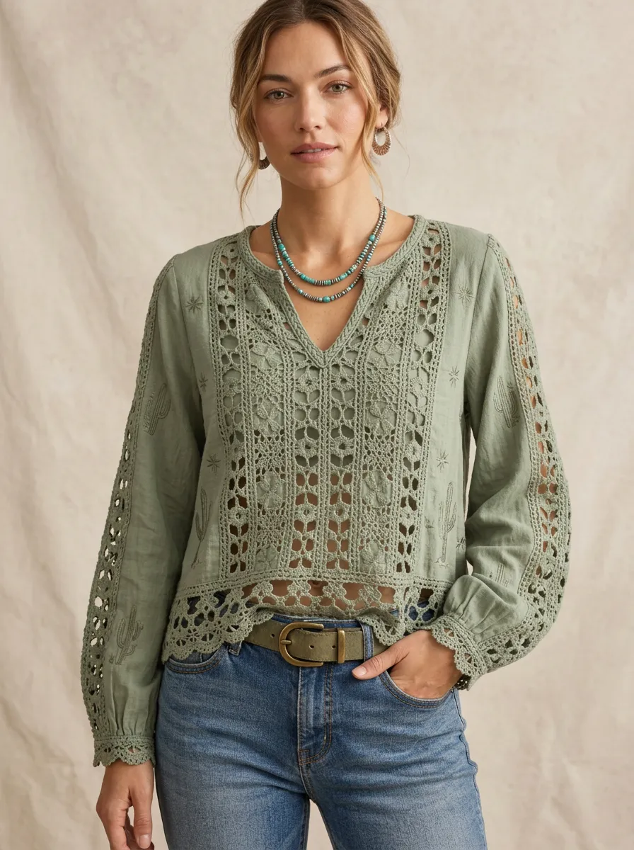 Women's Western Sage Green Embroidered Crochet Detail Blouse