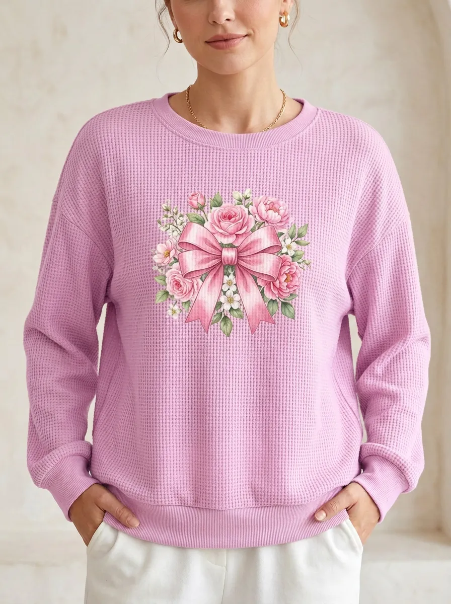 Graceful Awareness-Motif Women's Breast Cancer Awareness Waffle Sweatshirt