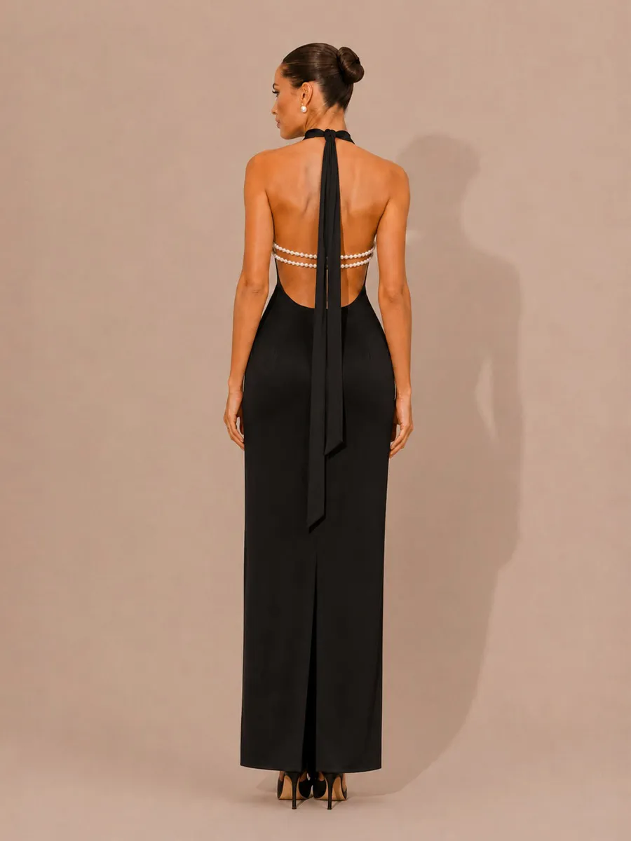 Selene Halter-Neck Beaded-Back Maxi Dress