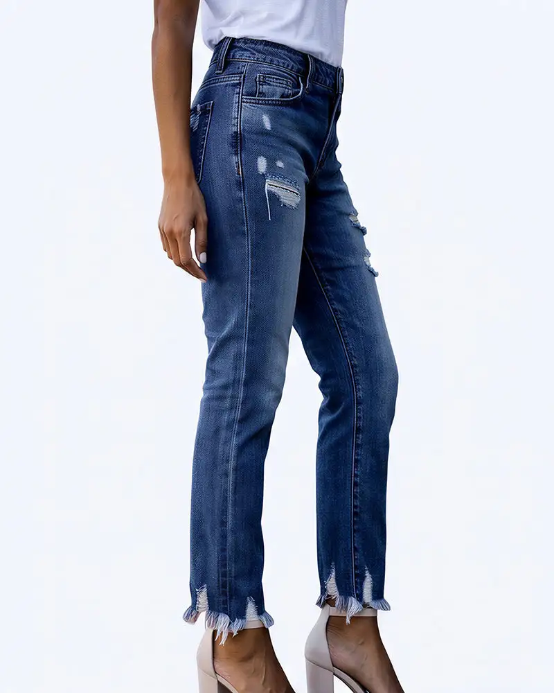 Distressed Cropped Raw-Hem Straight Jeans