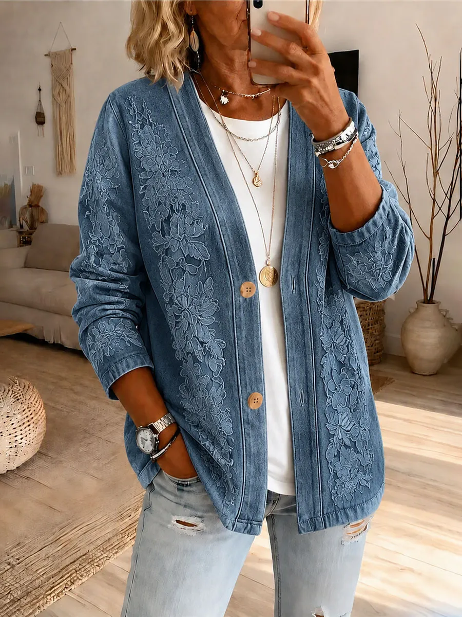 Ladies' Western Style Denim Contrasting Casual Cardigan