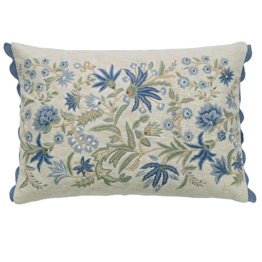 Artisan Hand Embroidered Floral Botanical Cotton Lumbar Decorative Cushion Cover