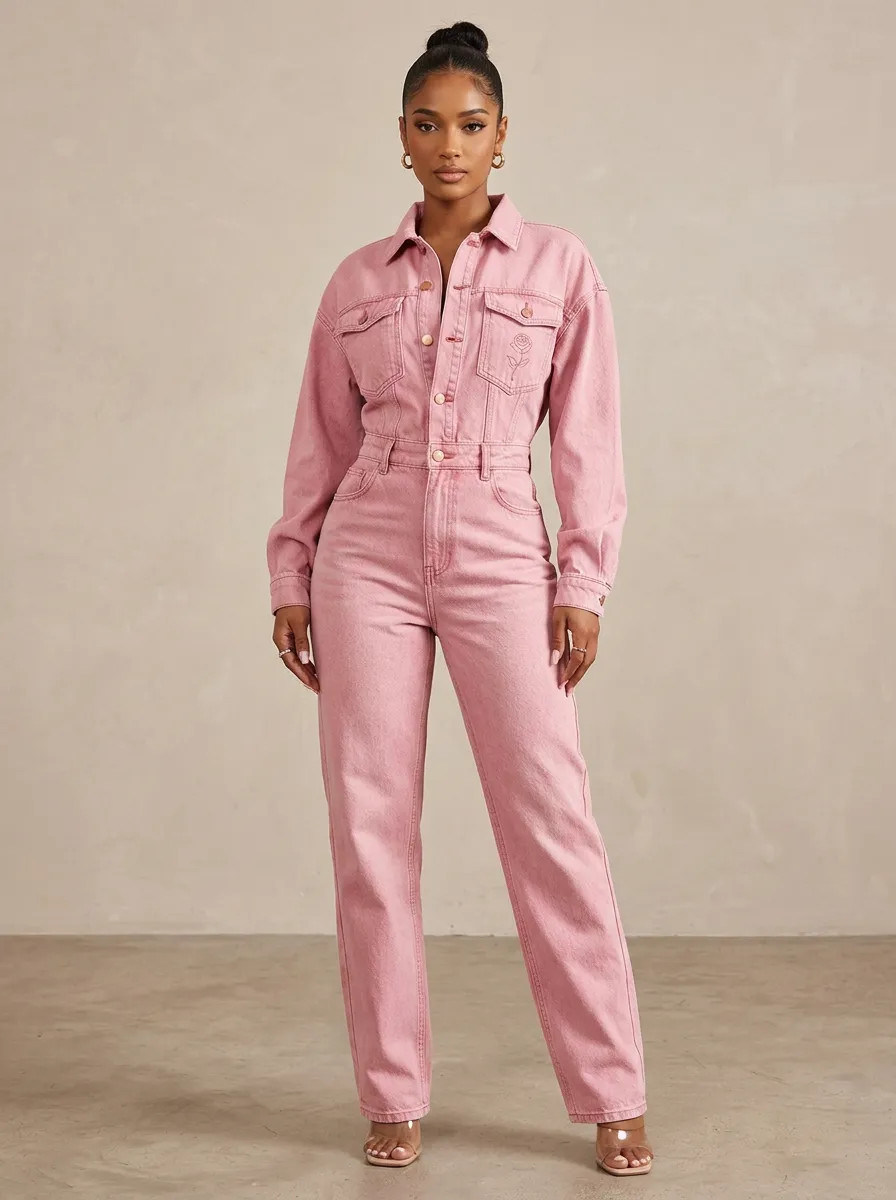 Pink Rose Floral Embroidered Denim Jumpsuit