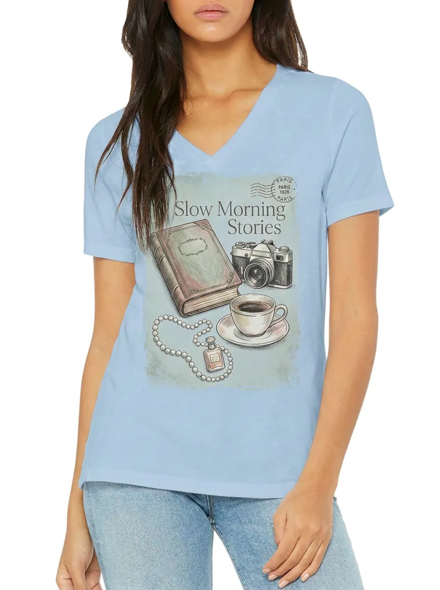 Women's Paris Aesthetic Book Camera Coffee Printed V-neck T-shirt