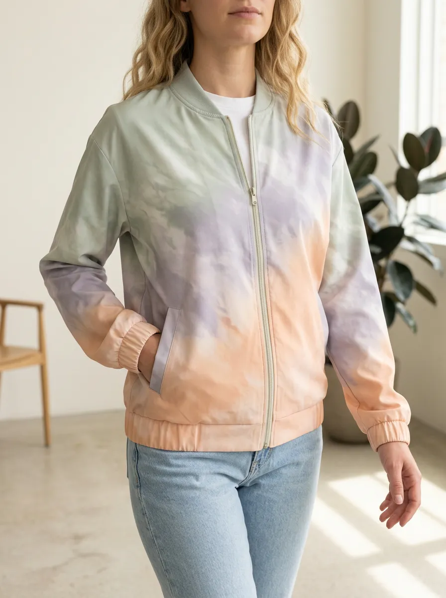 Women's Relaxed Pastel Tie-Dye Bomber Jacket