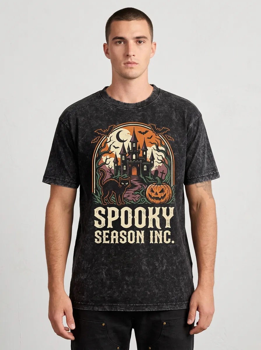 Men's Halloween Spooky Season Haunted Castle Cat Pumpkin Printed T-shirt