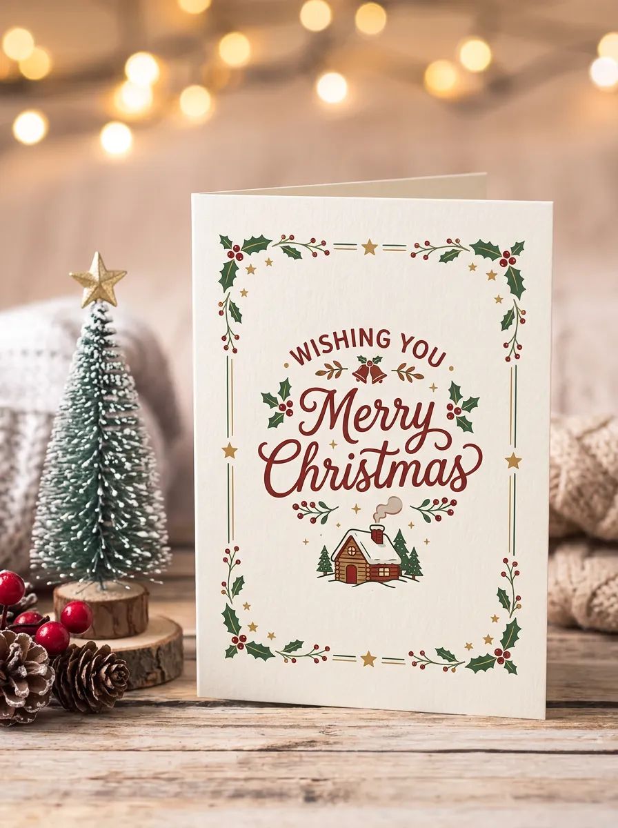 Christmas Cabin Holly Greeting Card