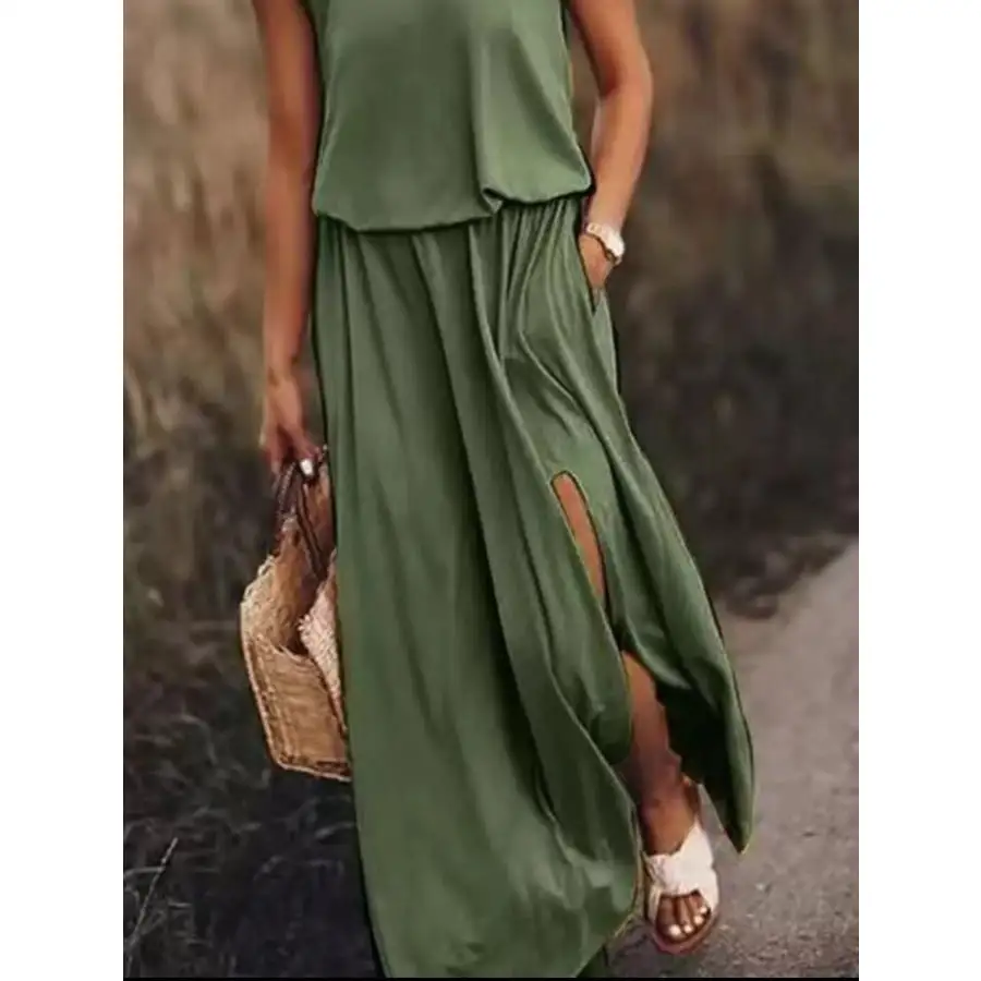 Full Size Round Neck Sleeveless Slit Maxi Dress Plus Size