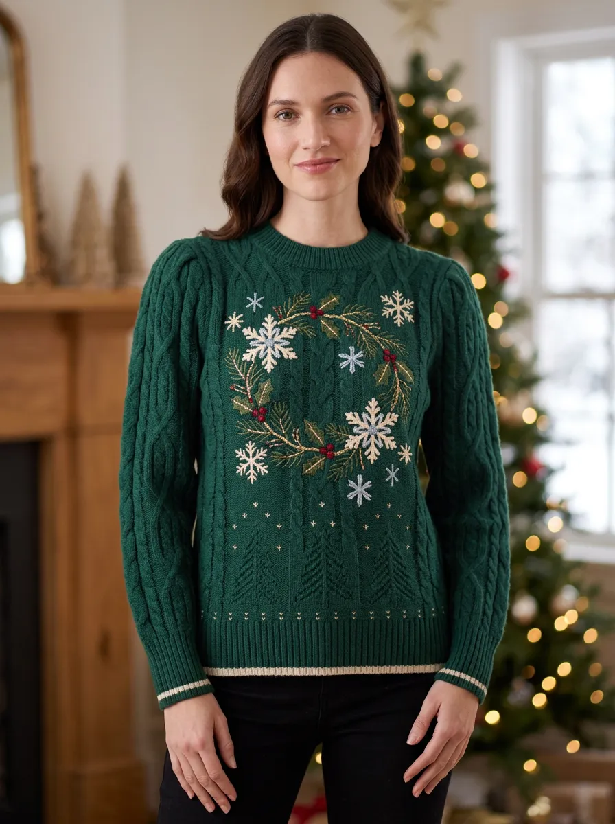 Christmas Holiday Snowflake Wreath Embroidered Cable Knit Sweater