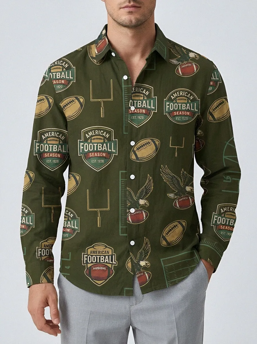 Men's American Football Eagle Season Printed Button-up Shirt