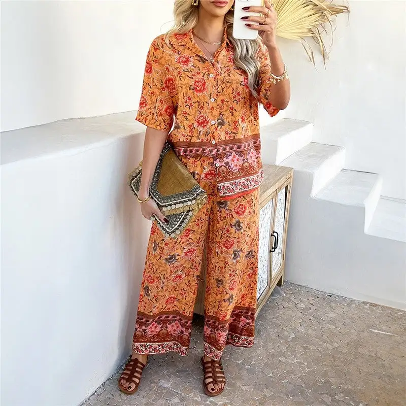 Floral Short Sleeve Cardigan Pants Set