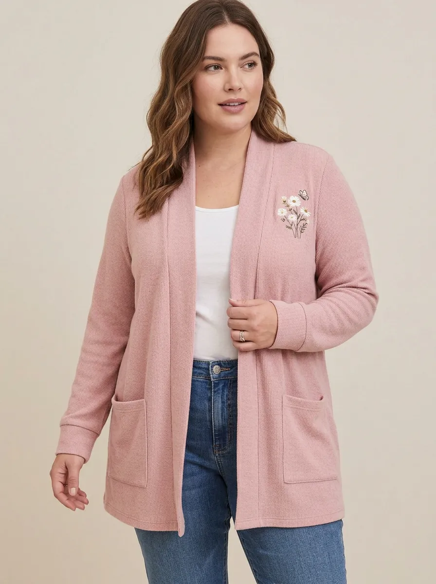 Pink Modern Butterfly Floral Embroidered Cardigan
