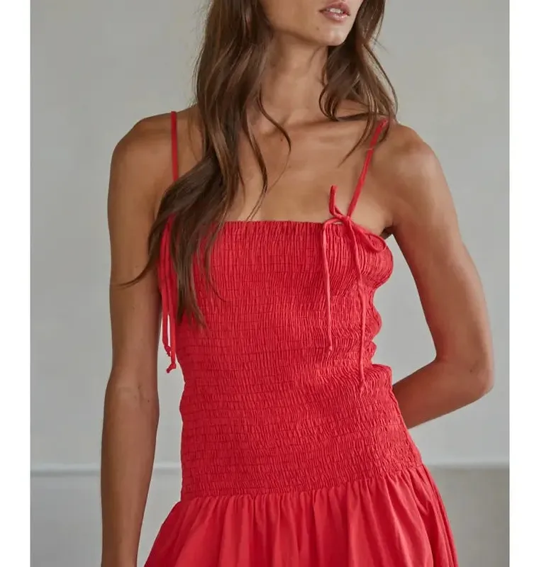 Red Cotton Blend Maxi Dress