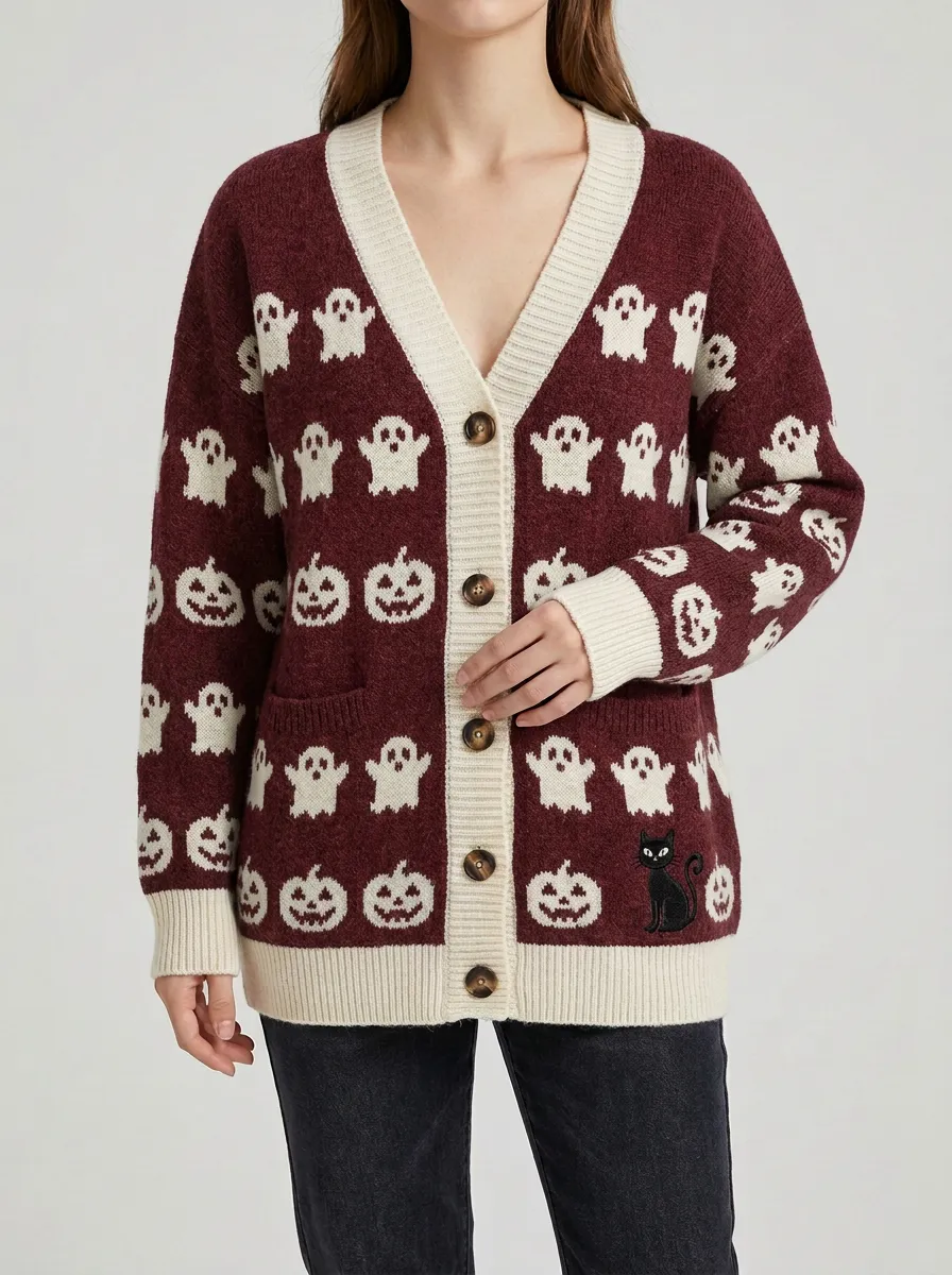 Women's Halloween Ghost Pumpkin Black Cat Patterned Knit Cardigan