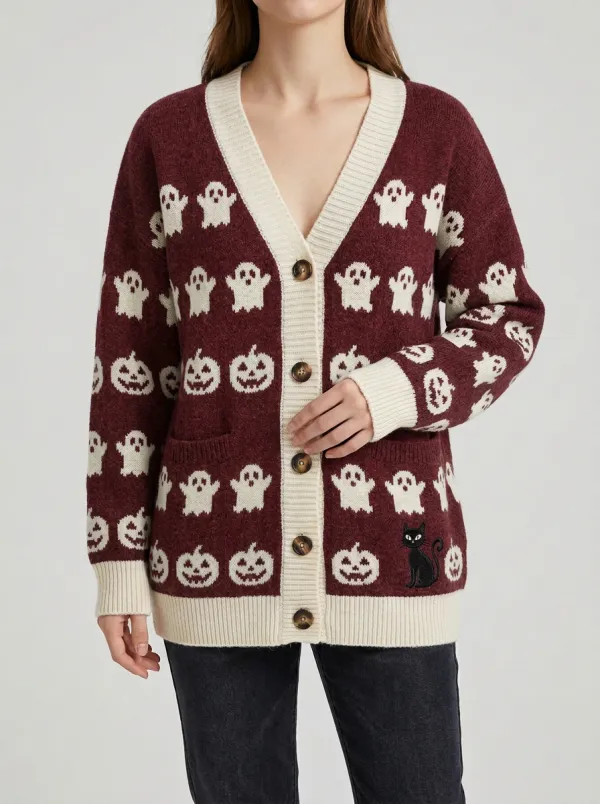 Women's Halloween Ghost Pumpkin Black Cat Patterned Knit Cardigan