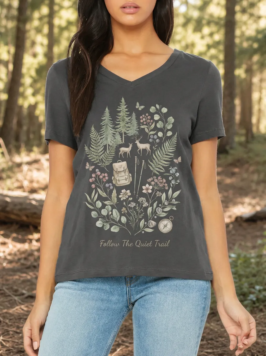 Women's Hiking Nature Lover Deer Forest Printed V-neck T-shirt