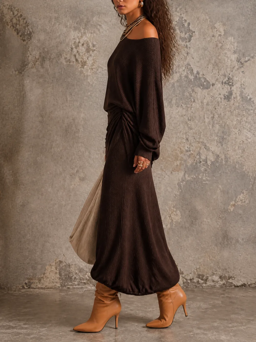 Vintage Ribbed Knit One-Shoulder Batwing Sleeve Ruched Midi Dress