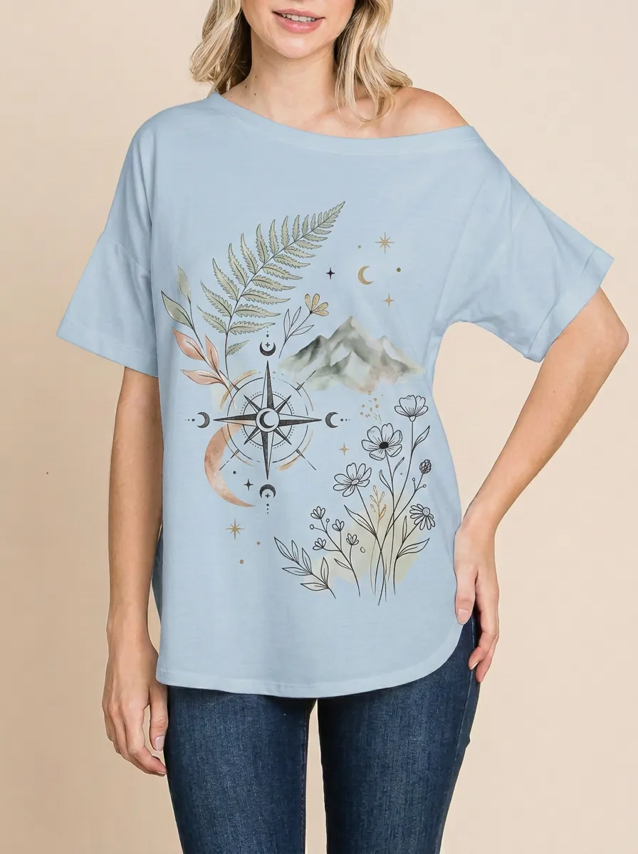 Women's Boho Nature Lover Compass Mountain Floral Printed T-shirt