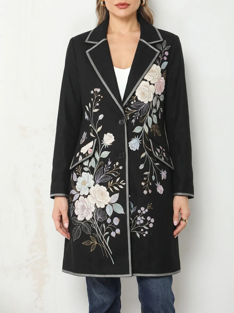 Women's Floral Art Vintage Rose Printed Blazer Coat
